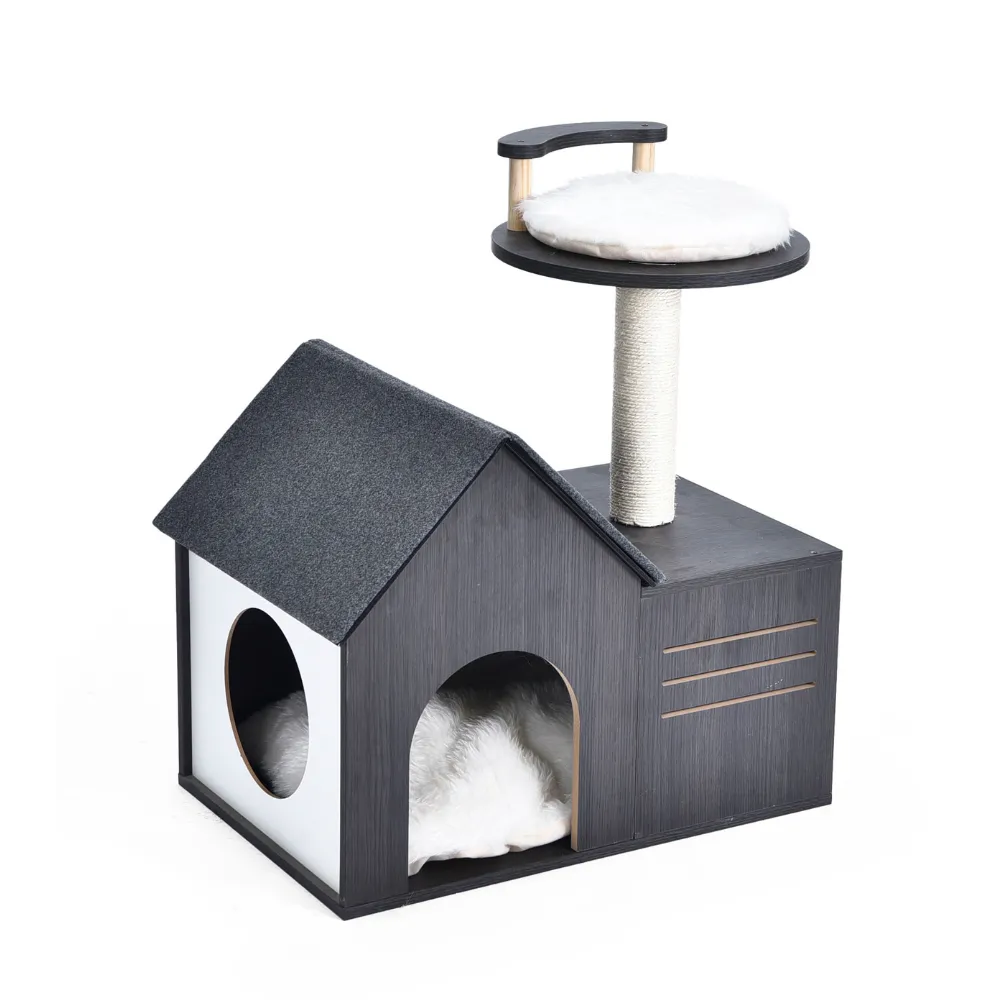 Wooden Cat Furniture Two Holes Soft Plush Sleep Condo - PO-CT-0236 wholesale manufacturer