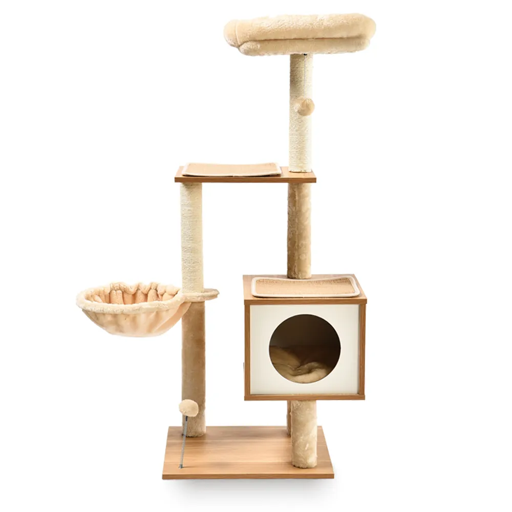 Wooden Cat Tower Plush Ball Toy Platform Hommock Condo Best Cat Tree - PO-CT-0238 wholesale manufacturer