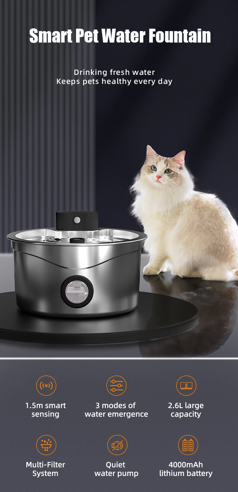 PETOEM W02S 2.6L Stainless Steel Pet Water Fountain | Automatic Cat Dog - W02S wholesale manufacturer