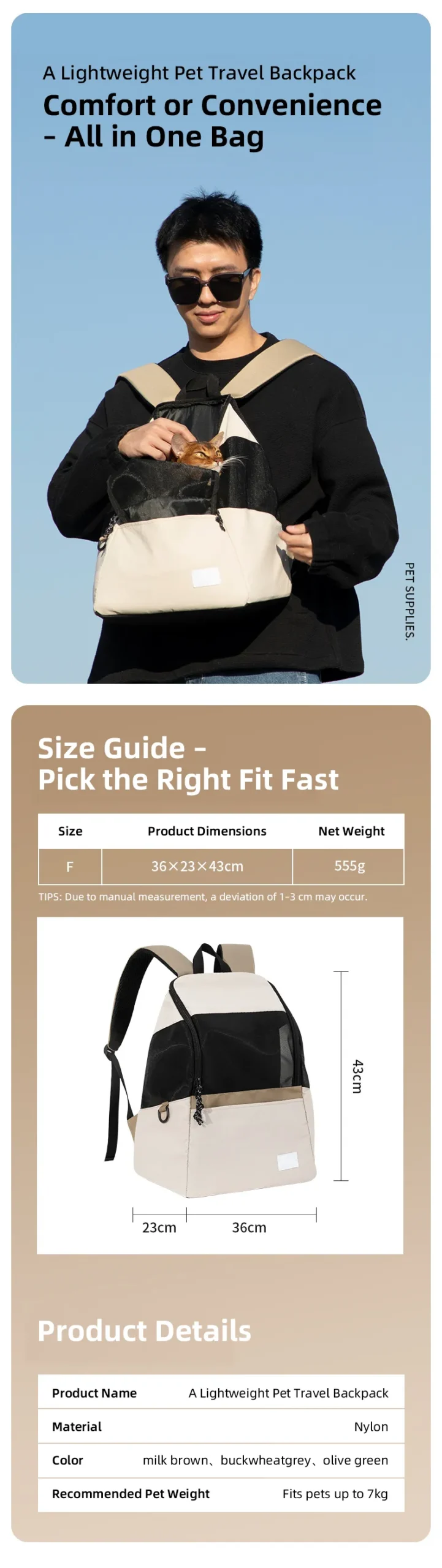 PETOEM NM-015061 Lightweight Pet Backpack | Breathable Travel Bag for Cats & - NM-015061 wholesale manufacturer
